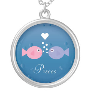 Cute Pisces Fish & Heart Custom Zodiac Silver Plated Necklace