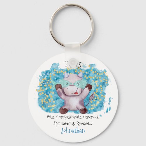 Cute Pisces Fish Watercolor Bull Zodiac Custom Keychain