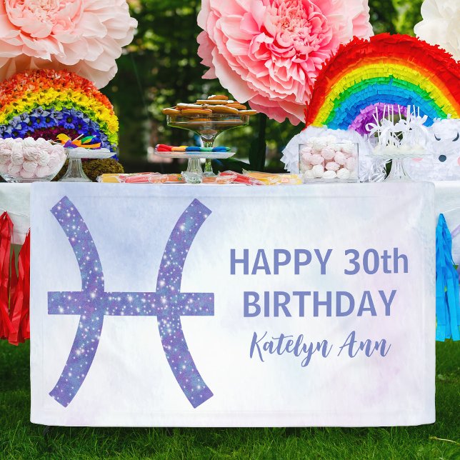 Cute Pisces Personalized Purple Happy Birthday Banner (Creator Uploaded)