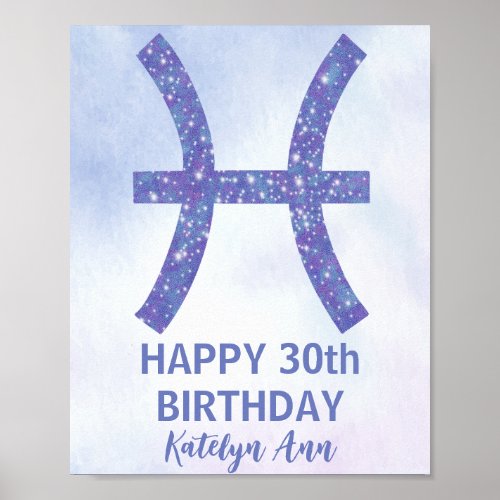 Cute Pisces Personalized Purple Happy Birthday Poster