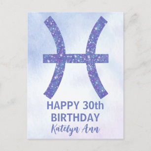 Cute Pisces Sign Custom Purple Happy Birthday Postcard
