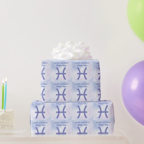 Cute Pisces Sign Custom Purple Happy Birthday Wrapping Paper