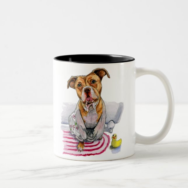 Cute Pit Bull Dog Bath Time Watercolor Painting Two-Tone Coffee Mug (Right)