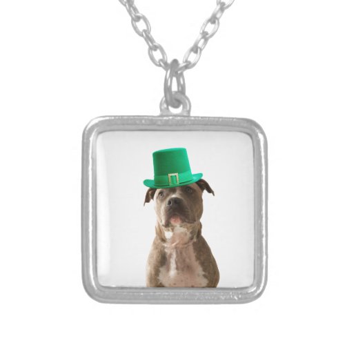 Cute Pit Bull Dog Hat St Patricks Day Silver Plated Necklace