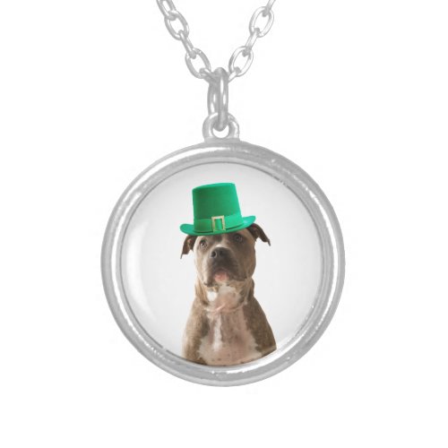 Cute Pit Bull Dog Hat St Patricks Day Silver Plated Necklace