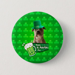Cute Pit Bull Dog Hat St. Patrick's Day w Clovers Button
