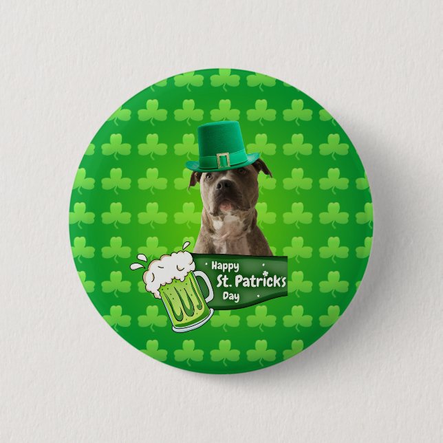 Cute Pit Bull Dog Hat St. Patrick's Day w Clovers Button (Front)