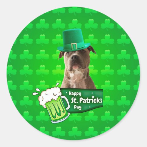 Cute Pit Bull Dog Hat St Patricks Day w Clovers Classic Round Sticker