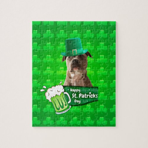Cute Pit Bull Dog Hat St Patricks Day w Clovers Jigsaw Puzzle