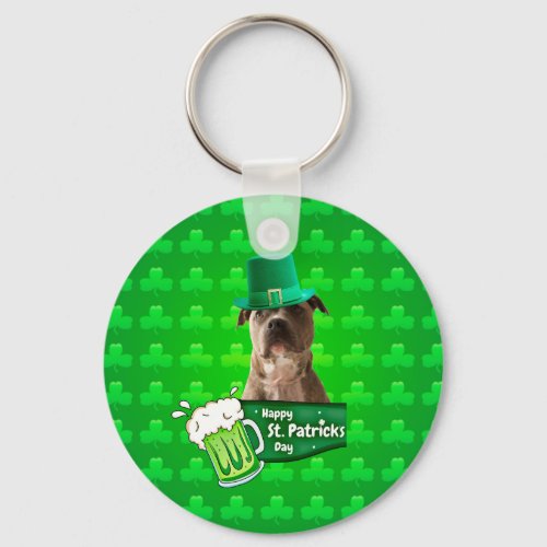 Cute Pit Bull Dog Hat St Patricks Day w Clovers Keychain