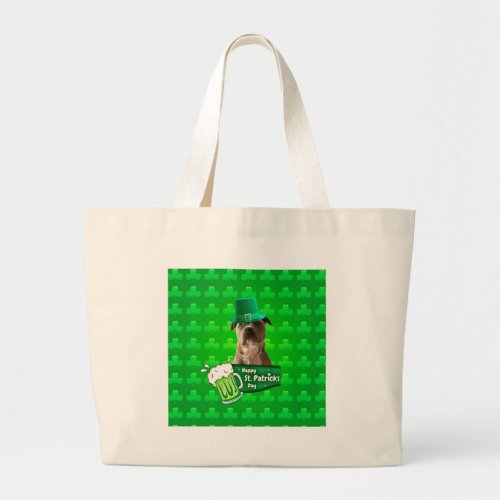 Cute Pit Bull Dog Hat St Patricks Day w Clovers Large Tote Bag