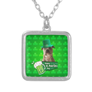 Cute Pit Bull Dog Hat St. Patrick's Day w Clovers Silver Plated Necklace