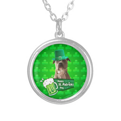 Cute Pit Bull Dog Hat St Patricks Day w Clovers Silver Plated Necklace
