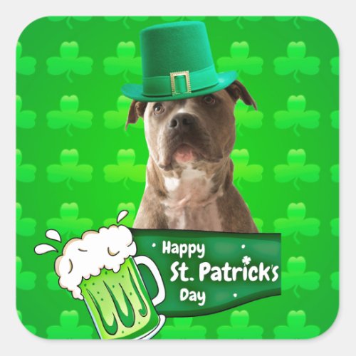Cute Pit Bull Dog Hat St Patricks Day w Clovers Square Sticker