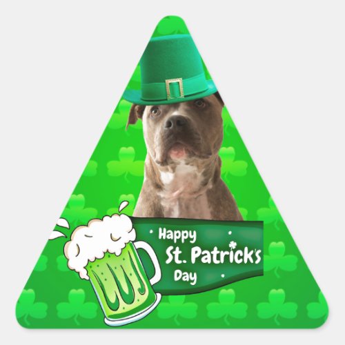 Cute Pit Bull Dog Hat St Patricks Day w Clovers Triangle Sticker