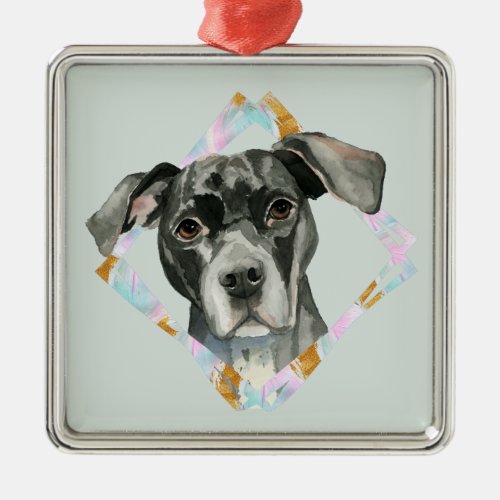 Cute Pit Bull Dog Watercolor Christmas Metal Ornament