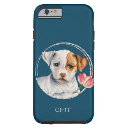 Cute Pit Bull Puppy With Pink Flower | Monogram Tough iPhone 6 Case