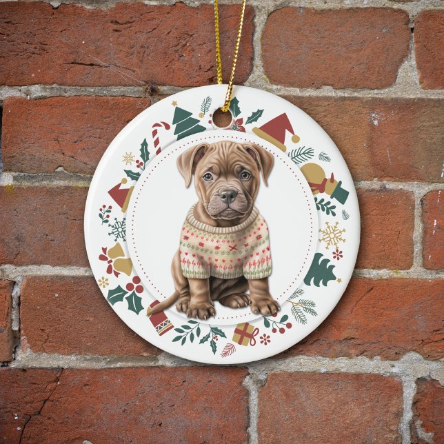 Cute Pit Bull Terrier in Winter Sweater Christmas Ceramic Ornament (Creator Uploaded)