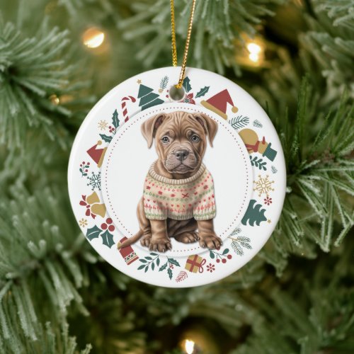 Cute Pit Bull Terrier in Winter Sweater Christmas Ceramic Ornament