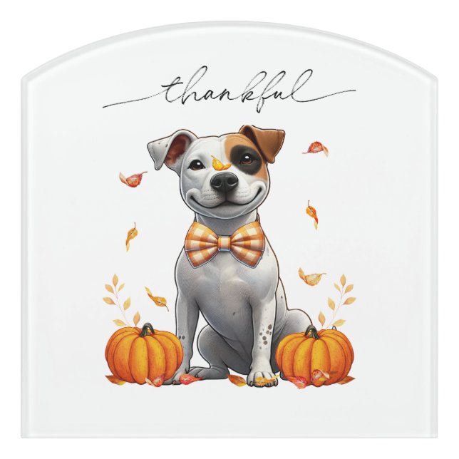 Cute Pit Bull Thankful Fall Pumpkins Door Sign (Contour Front)