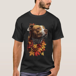 Cute Pit Bull with Fall Leaves Forest Autumn Aesth T-Shirt
