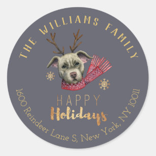 Cute Pitbull Dog Antlers Christmas Family Address Classic Round Sticker
