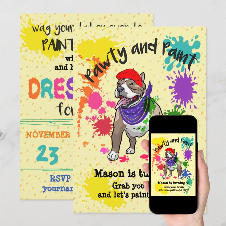 Cute Pitbull Dog Fun Art Birthday Party Invitation | Zazzle