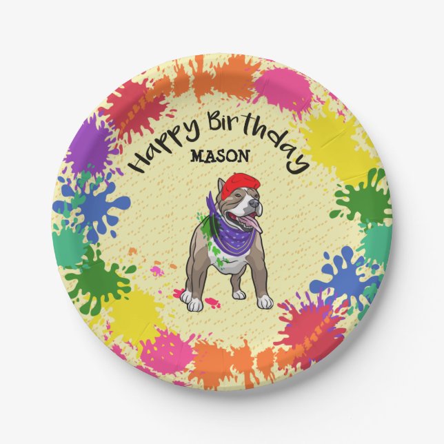 Cute Pitbull Dog Fun Paint Splash Art Party    Paper Plates (Front)