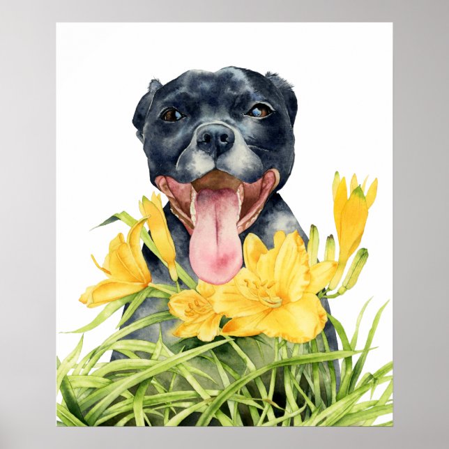 Cute Pitbull Dog in Yellow Flower Garden Poster (Front)
