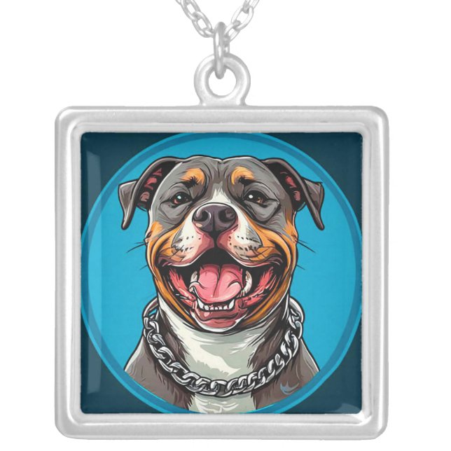 Cute Pitbull dog Silver Plated Necklace (Front)