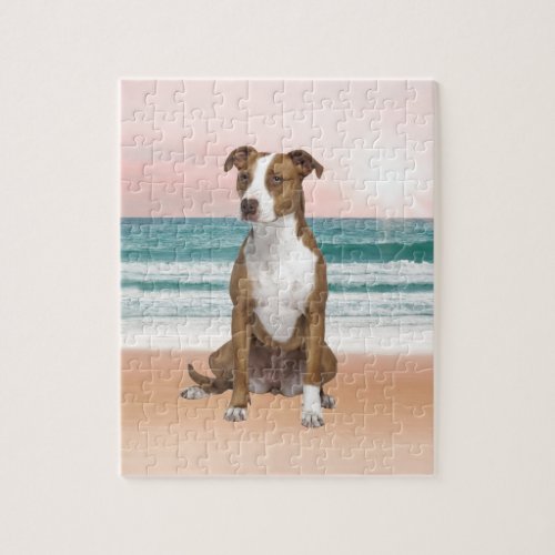 Cute Pitbull Dog Sitting on Beach with sunset Jigsaw Puzzle