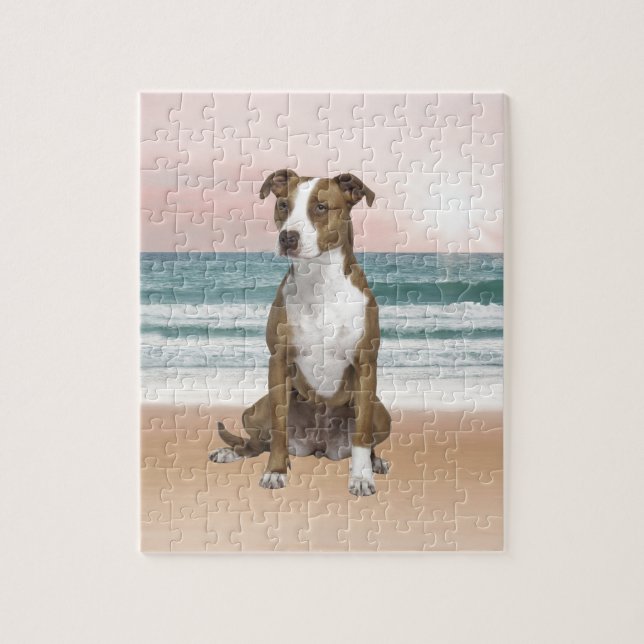 Cute Pitbull Dog Sitting on Beach with sunset Jigsaw Puzzle (Vertical)