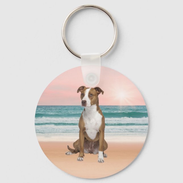 Cute Pitbull Dog Sitting on Beach with sunset Keychain (Front)