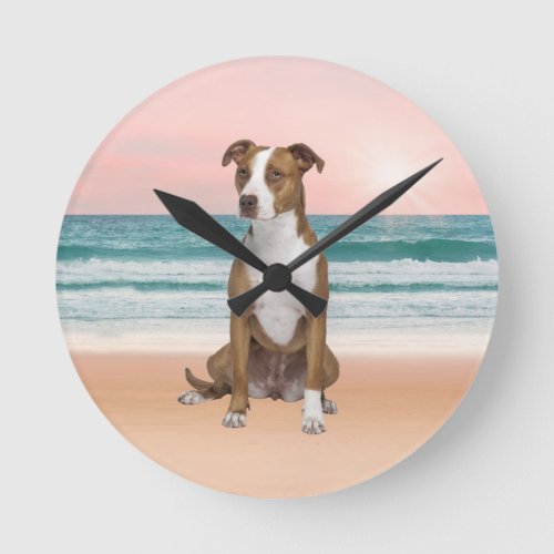 Cute Pitbull Dog Sitting on Beach with sunset Round Clock