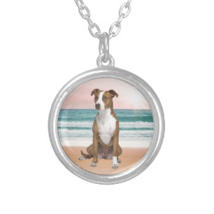 Cute Pitbull Dog Sitting on Beach with sunset Silver Plated Necklace