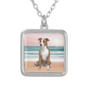 Cute Pitbull Dog Sitting on Beach with sunset Silver Plated Necklace