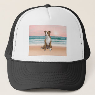 Cute Pitbull Dog Sitting on Beach with sunset Trucker Hat