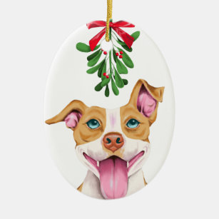 Cute Pitbull Dog Under the Mistletoe Ceramic Ornament
