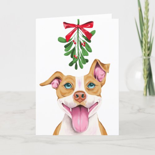Cute Pitbull Dog Under the Mistletoe Christmas Holiday Card