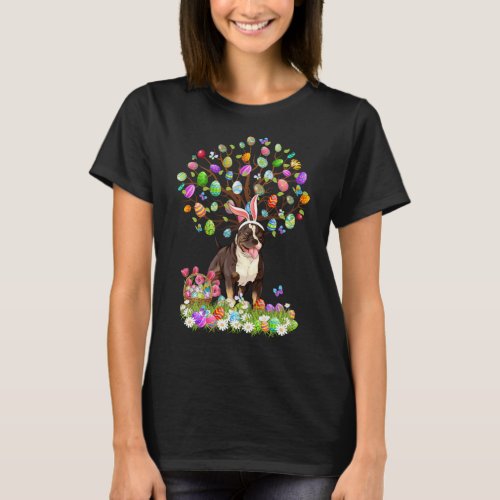 Cute Pitbull Dogs With Bunny Ears Easter Egg Tree  T_Shirt