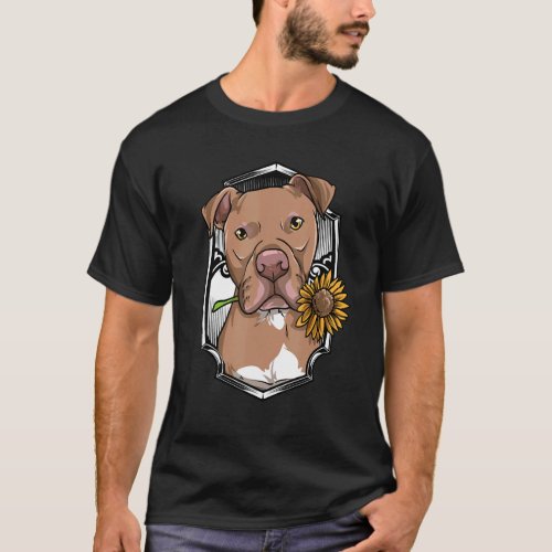 Cute Pitbull Holding Sunflower For Pitbulls  Dogs T_Shirt