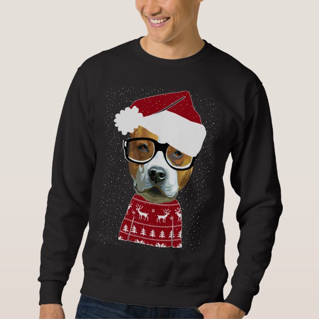 Cute Pitbull In Santa Hat Ugly Christmas Sweater M (Front)