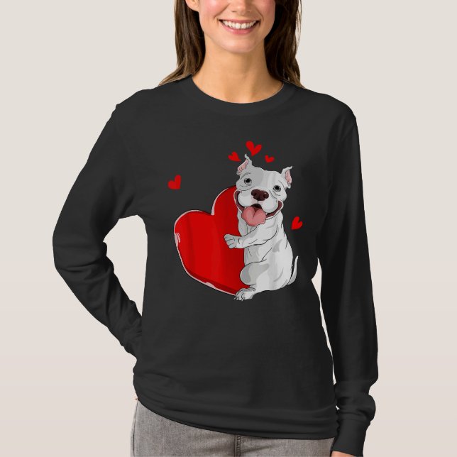 Cute Pitbull Valentines Day Holding Heart My Valen T-Shirt (Front)