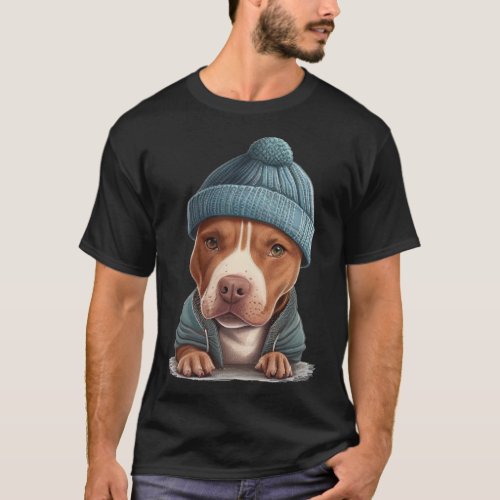 Cute Pitbull Wearing Beanie Hat T_Shirt