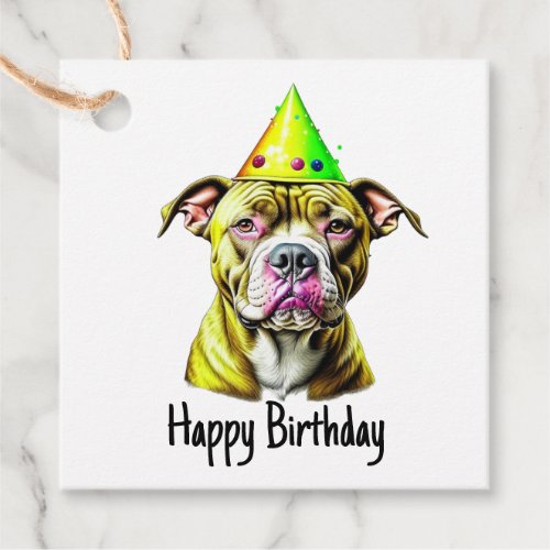 Cute Pitbull with Birthday Hat To and From Favor Tags