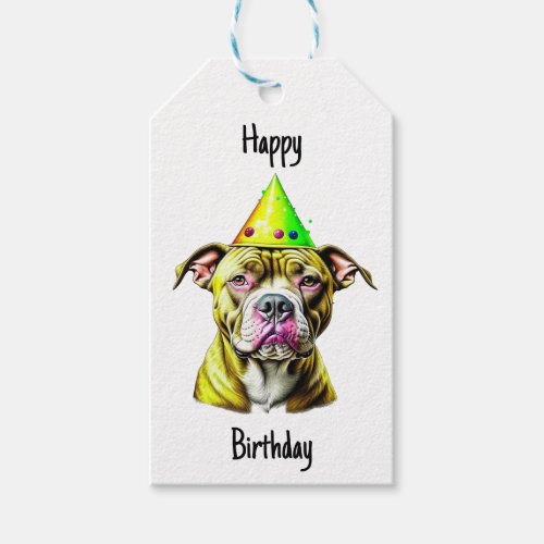 Cute Pitbull with Birthday Hat To and From Gift Tags
