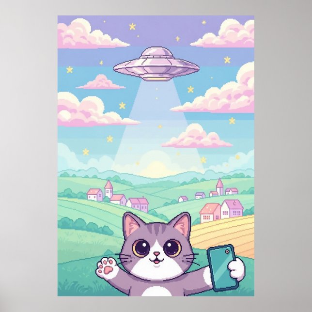 Cute Pixel Art Cat with UFO in Pastel Sky Kawaii Poster (Front)