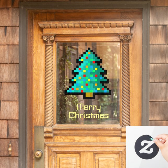 Cute Pixel Art Christmas Tree Funny Geeky Custom Window Cling (Home Door)