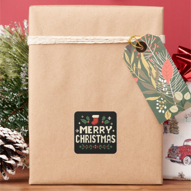 Cute pixel art Merry Christmas Square Sticker (Holiday)
