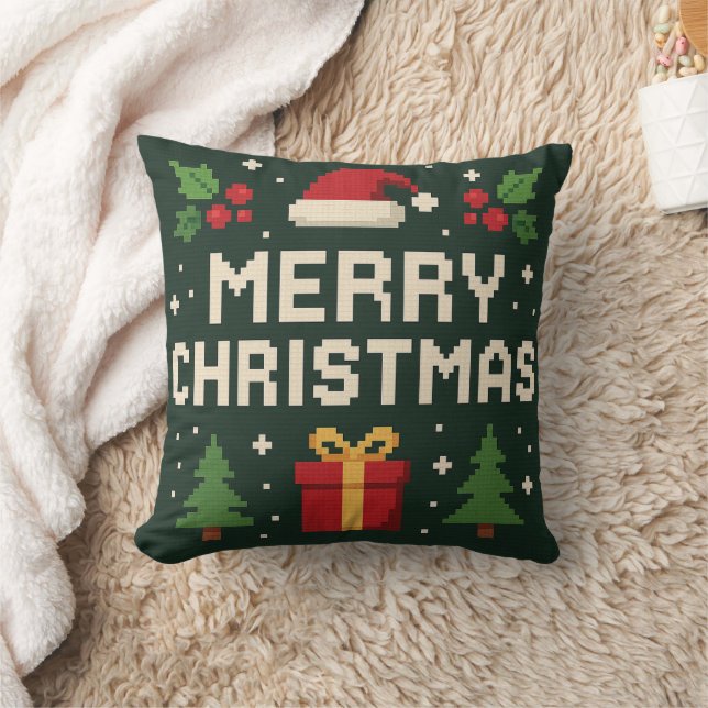 Cute pixel art merry christmas throw pillow (Blanket)